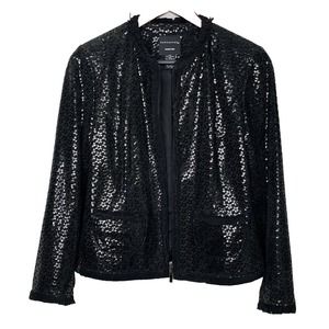 Doncaster Collection Black Leather Floral Zip Fringe Blazer Jacket Coat Suit 10